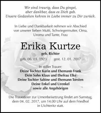 Traueranzeige von Erika Kurtze von WVG - Wochenspiegel NMB / WSF / ZTZ