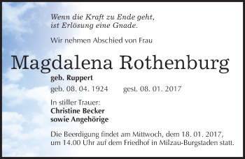 Traueranzeige von Magdalena Rothenburg von Mitteldeutsche Zeitung Merseburg/Querfurt