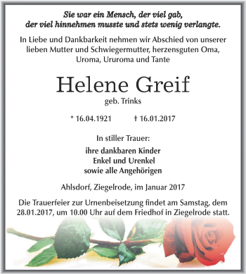 Traueranzeige von Helene Greif von Wochenspiegel Mansfelder Land