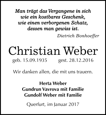 Traueranzeige von Christian Weber von Mitteldeutsche Zeitung Merseburg/Querfurt