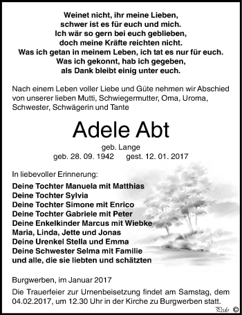 Traueranzeige von Adele Abt von Mitteldeutsche Zeitung Weißenfels