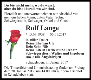 Traueranzeige von Rolf Lange von Super Sonntag Aschersleben