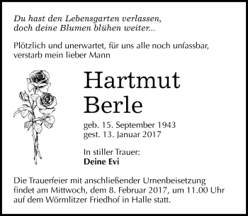 Traueranzeige von Hartmut Berle von Mitteldeutsche Zeitung Halle/Saalkreis