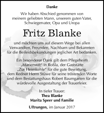 Traueranzeige von Fritz Blanke von Mitteldeutsche Zeitung Sangerhausen
