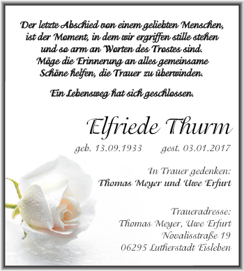 Traueranzeige von Elfriede Thurm von Wochenspiegel Mansfelder Land