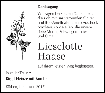 Traueranzeige von Lieselotte Haase von WVG - Wochenspiegel Dessau / Köthen