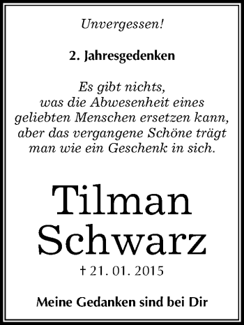 Traueranzeige von Tilman Schwarz von Mitteldeutsche Zeitung Halle/Saalkreis