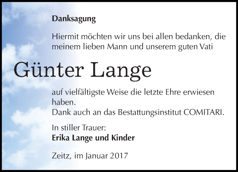  Traueranzeige für Günter Lange vom 28.01.2017 aus Super Sonntag Zeitz