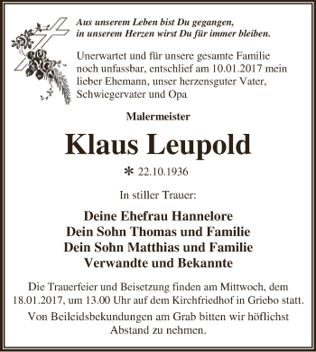 Traueranzeige von Klaus Leupold von WVG - Wochenspiegel Dessau / Köthen