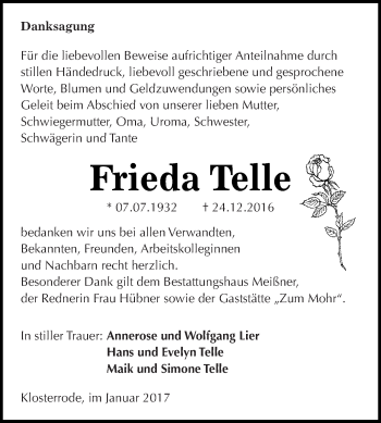 Traueranzeige von Frieda Telle von Super Sonntag SGH Mansf. Land