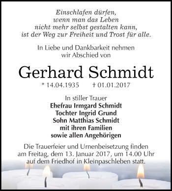 Traueranzeige von Gerhard Schmidt von WVG - Wochenspiegel Dessau / Köthen