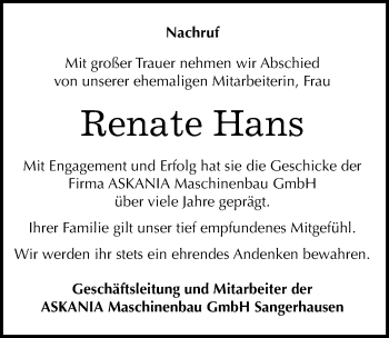 Traueranzeige von Renate Hans von Mitteldeutsche Zeitung Sangerhausen