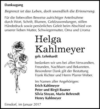 Traueranzeige von Helga Kahlmeyer von Mitteldeutsche Zeitung Sangerhausen