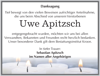 Traueranzeige von Uwe Apitzsch von Mitteldeutsche Zeitung Halle/Saalkreis