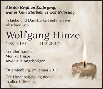 Traueranzeige von Wolfgang Hinze von Mitteldeutsche Zeitung Köthen
