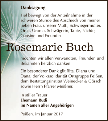 Traueranzeige von Rosemarie Buch von Super Sonntag Bernburg
