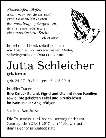 Traueranzeige von Jutta Schleicher von Mitteldeutsche Zeitung Naumburg/Nebra
