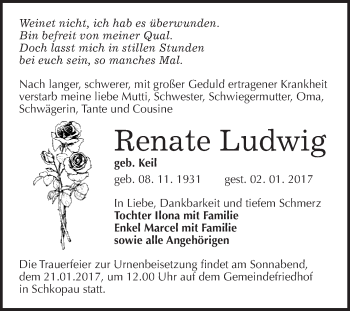 Traueranzeige von Renate Ludwig von WVG - Wochenspiegel Merseburg