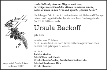 Traueranzeige von Ursula Backoff von Super Sonntag Bernburg