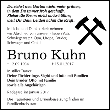 Traueranzeige von Bruno Kuhn von WVG - Wochenspiegel Dessau / Köthen