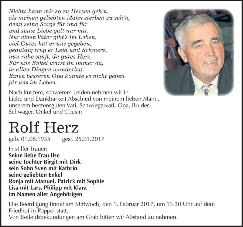  Traueranzeige für Rolf Herz vom 31.01.2017 aus Mitteldeutsche Zeitung Naumburg/Nebra