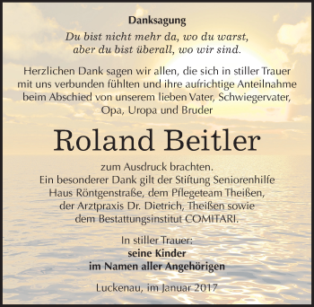 Traueranzeige von Roland Beitler von Mitteldeutsche Zeitung Zeitz
