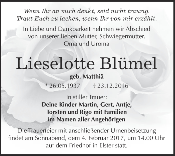 Traueranzeige von Lieselotte Blümel von WVG - Wochenspiegel Wittenberg