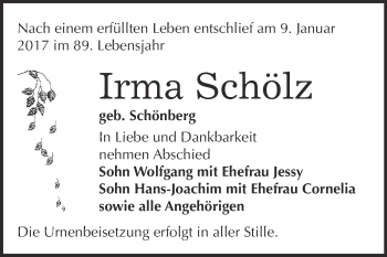 Traueranzeige von Irma Schölz von WVG - Wochenspiegel Bitterfeld