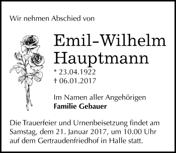 Traueranzeige von Emil-Wilhelm Hauptmann von Mitteldeutsche Zeitung Halle/Saalkreis