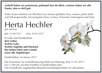 Traueranzeige von Herta Hechler von Mitteldeutsche Zeitung Mansfelder Land