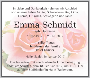 Traueranzeige von Emma Schmidt von Mitteldeutsche Zeitung Halle/Saalkreis