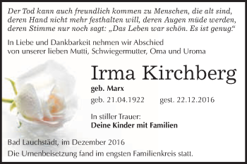 Traueranzeige von Irma Kirchberg von WVG - Wochenspiegel Merseburg