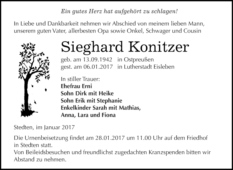  Traueranzeige für Sieghard Konitzer vom 18.01.2017 aus Wochenspiegel Mansfelder Land