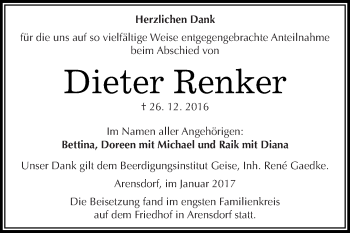 Traueranzeige von Dieter Renker von WVG - Wochenspiegel Dessau / Köthen