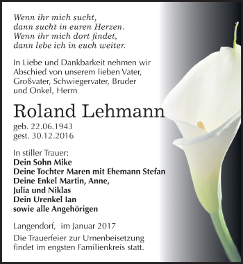 Traueranzeige von Roland Lehmann von Mitteldeutsche Zeitung Weißenfels