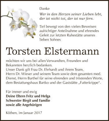 Traueranzeige von Torsten Elstermann von WVG - Wochenspiegel Dessau / Köthen