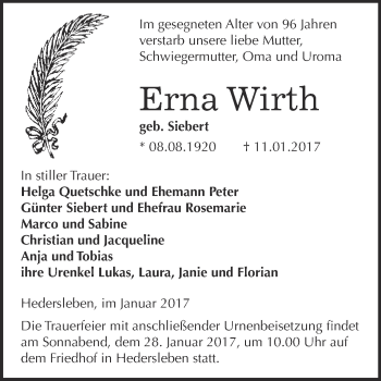 Traueranzeige von Erna Wirth von WVG - Wochenspiegel Quedlinburg