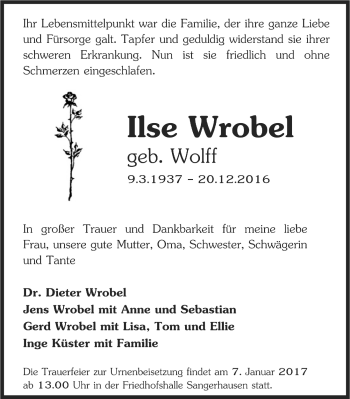 Traueranzeige von Ilse Wrobel von Mitteldeutsche Zeitung Sangerhausen