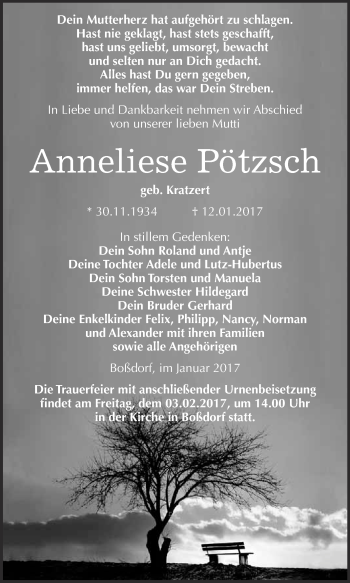Traueranzeige von Anneliese Pötzsch von WVG - Wochenspiegel Wittenberg