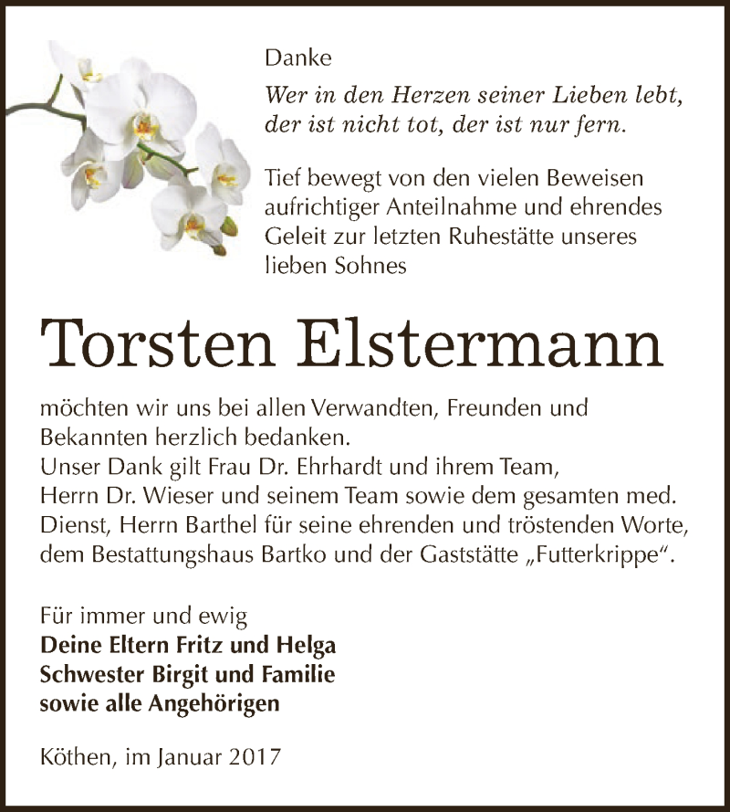  Traueranzeige für Torsten Elstermann vom 14.01.2017 aus WVG - Wochenspiegel Dessau / Köthen