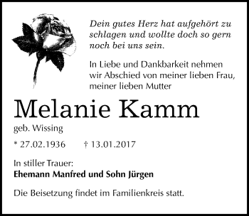 Traueranzeige von Melanie Kamm von Mitteldeutsche Zeitung Halle/Saalkreis