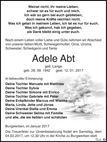 Traueranzeige von Adele Abt von WVG - Wochenspiegel NMB / WSF / ZTZ