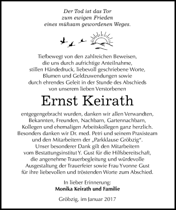 Traueranzeige von Ernst Keirath von Mitteldeutsche Zeitung Köthen