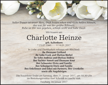 Traueranzeige von Charlotte Heinze von Mitteldeutsche Zeitung Naumburg/Nebra
