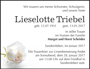 Traueranzeige von Lieselotte Triebel von Mitteldeutsche Zeitung Mansfelder Land