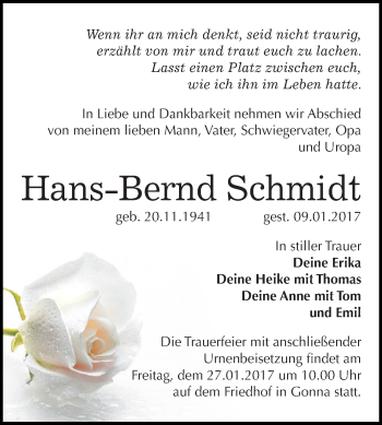Traueranzeige von Hans-Bernd Schmidt von Super Sonntag SGH Mansf. Land