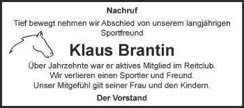 Traueranzeige von Klaus Brantin von Super Sonntag Quedlinburg