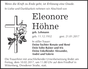 Traueranzeige von Eleonore Höhne von Super Sonntag Wittenberg