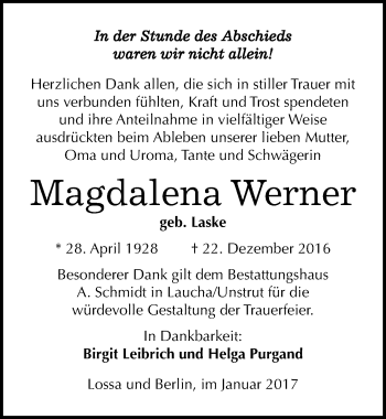 Traueranzeige von Magdalena Werner von Mitteldeutsche Zeitung Naumburg/Nebra