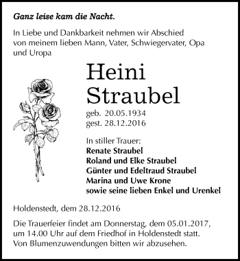 Traueranzeige von Heini Straubel von Mitteldeutsche Zeitung Sangerhausen